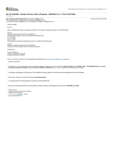 PREGÃO ELETRÔNICO Nº 018/2022 - DILIGÊNCIA COLIC À DIVISÃO DE PATRIMÔNIO - PROPOSTA - GRUPOS 2 E 4 - T DA S LUSTOSA