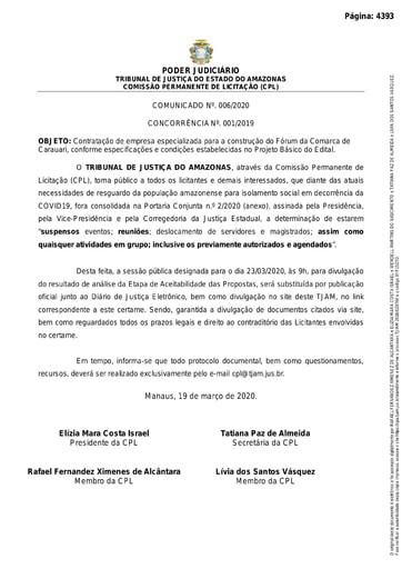 CONCORRÊNCIA Nº 001/2019 - COMUNICADO Nº 006/2020