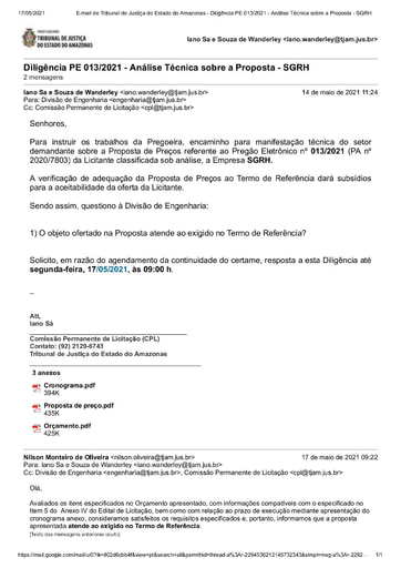 PREGÃO ELETRÔNICO Nº 013/2021 - DILIGÊNCIA CPL À DIVISÃO DE ENGENHARIA - PROPOSTA - SGRH