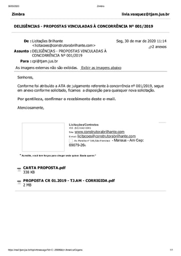 CONCORRÊNCIA Nº 001/2019 – PROPOSTA RETIFICADA - CONSTRUTORA BRILHANTE