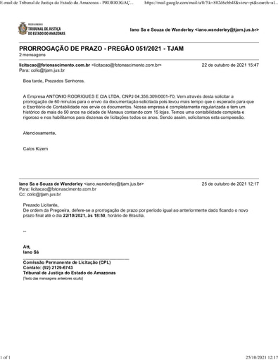 PREGÃO ELETRÔNICO Nº 51/2021 - E-MAIL DE PRORROGAÇÃO DE PRAZO - ITEM 6 - ANTONIO RODRIGUES