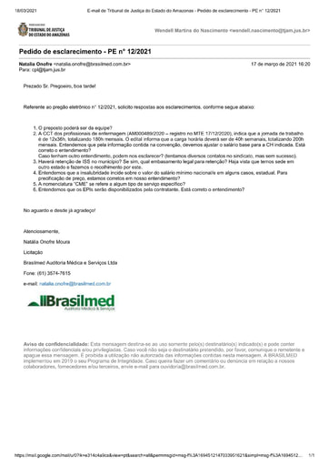 PREGÃO ELETRÔNICO Nº 012/2021 – PEDIDO DE ESCLARECIMENTO - BRASILMED