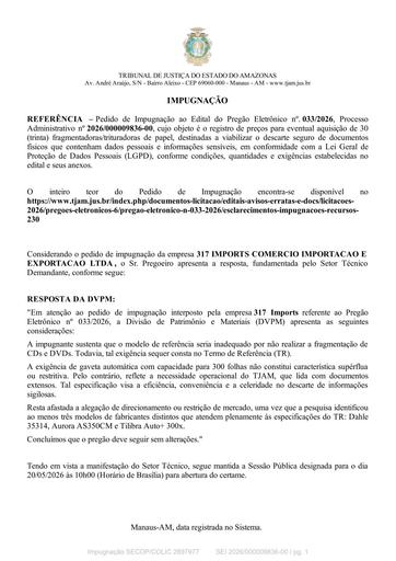PREGÃO ELETRÔNICO Nº 033/2026 - RESPOSTA AO PEDIDO DE IMPUGNAÇÃO - 317 IMPORTS COMERCIO IMPORTACAO E EXPORTACAO LTDA