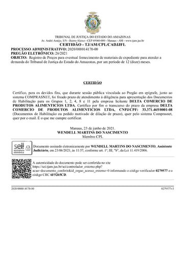 PREGÃO ELETRÔNICO Nº 026/2021 - CERTIDÃO DECURSO DE PRAZO - HABILITAÇÃO - GRUPO 1, 2, 4, 8 E 11 - DELTA