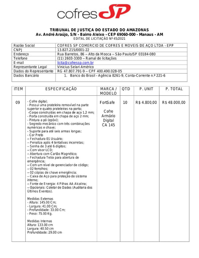 PREGÃO ELETRÔNICO Nº 45/2021 - PROPOSTA - ITEM 9 - COFRES