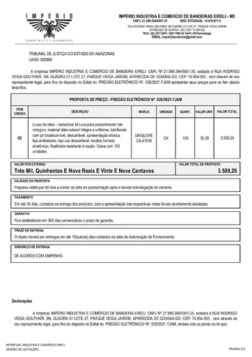 PREGÃO ELETRÔNICO Nº 035/2021 - PROPOSTA - ITEM 2 - IMPÉRIO