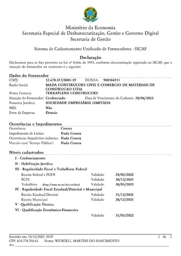 TOMADA DE PREÇOS Nº 004/2021 - SICAF E CNDT - MADA