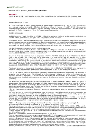 PREGÃO ELETRÔNICO Nº 017/2021 - RAZÕES RECURSAIS - A J DE SOUZA