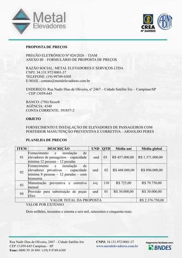 PREGÃO ELETRÔNICO Nº 024/2026 - PROPOSTA - METAL ELEVADORES E SERVICOS LTDA