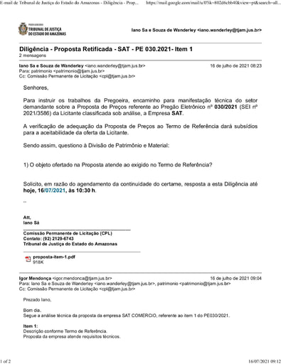PREGÃO ELETRÔNICO Nº 030/2021 - DILIGÊNCIA CPL À DIVISÃO DE PATRIMÔNIO - PROPOSTA - ITEM 1 - SAT