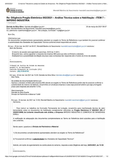 PREGÃO ELETRÔNICO Nº 002/20201 – DILIGÊNCIA CPL À DIVISÃO DE PATRIMÔNIO E MATERIAL - DOCUMENTAÇÃO - ITEM 7 - IMPERIO INDUSTRIA