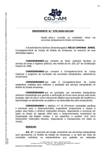 Provimento nº 379/2020-CGJ/AM (Dispõe  sobre a correição na modalidade virtual nas serventias extrajudiciais do Estado do Amazonas.)