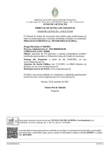 PREGÃO ELETRÔNICO Nº 48/2021 - AVISO DE LICITAÇÃO