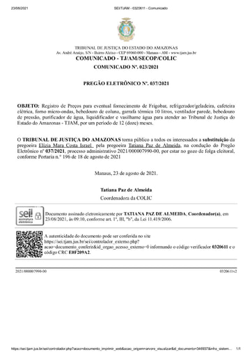 PREGÃO ELETRÔNICO Nº 037/2021 - COMUNICADO 023/2021 - SUBSTITUIÇÃO PREGOEIRA