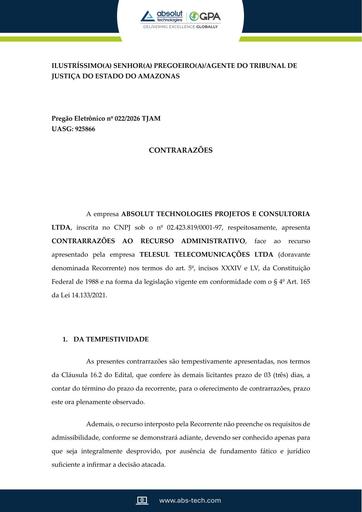 PREGÃO ELETRÔNICO Nº 022/2026 - CONTRARRAZÕES AO RECURSO DA TELESUL TELECOMUNICAÇÕES LTDA - ABSOLUT TECHNOLOGIES PROJETOS E CONSULTORIA LTDA