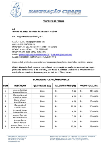 PREGÃO ELETRÔNICO Nº 001/2021 - PROPOSTA - NAVEGAÇÃO CIDADE