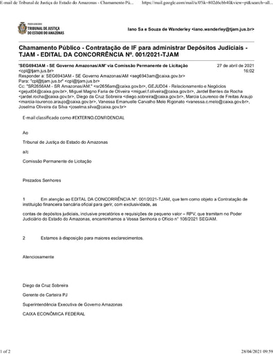 CONCORRÊNCIA Nº 001/2021 - PEDIDO DE ESCLARECIMENTO - CAIXA