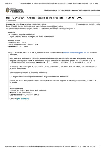 PREGÃO ELETRÔNICO Nº 46/2021 - DILIGÊNCIA COLIC À DIVISÃO DE PATRIMÔNIO - ITEM 10 DWL