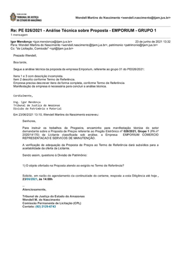 PREGÃO ELETRÔNICO Nº 026/2021 - DILIGÊNCIA CPL À DIVISÃO DE PATRIMÔNIO - PROPOSTA - GRUPO 1 - EMPORIUM