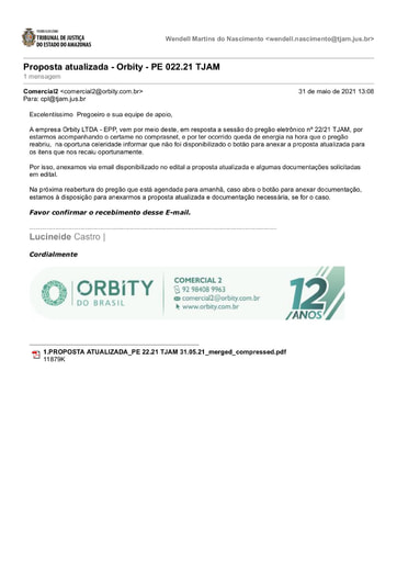 PREGÃO ELETRÔNICO Nº 022/2021 - E-MAIL ORBITY