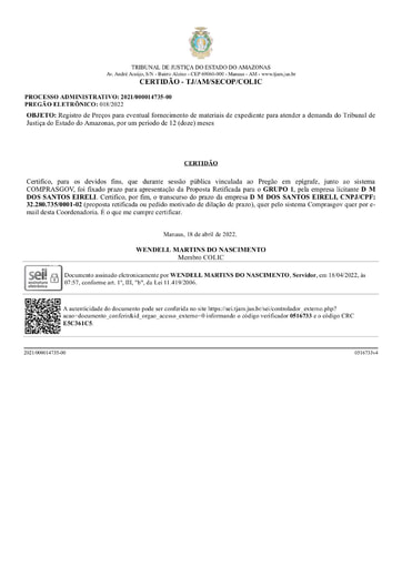 PREGÃO ELETRÔNICO Nº 018/2022 - CERTIDÃO DE DECURSO DE PRAZO - PROPOSTA - GRUPO 1 - D M DOS SANTOS