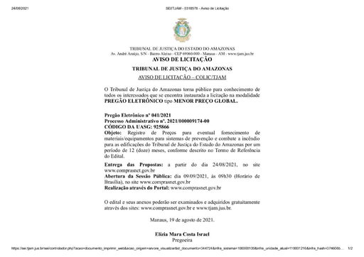 PREGÃO ELETRÔNICO Nº 041/2021 - AVISO DE LICITAÇÃO