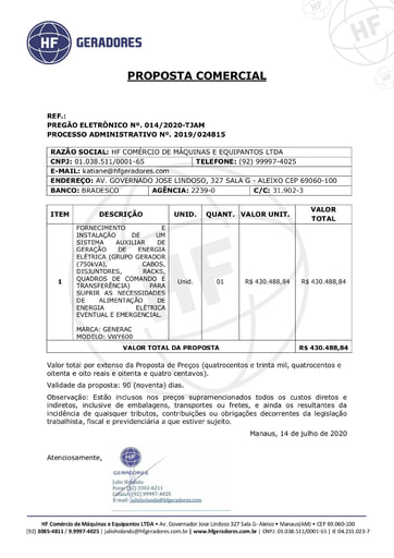 PREGÃO ELETRÔNICO Nº 014/2020 - PROPOSTA - H F COMÉRCIO