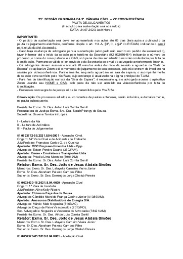 25a Sessão Ordinária da Terceira Câmara Cível - VIA VIDEOCONFERÊNCIA - Data: 24.07.2023 Hora: 09:00 Horas
