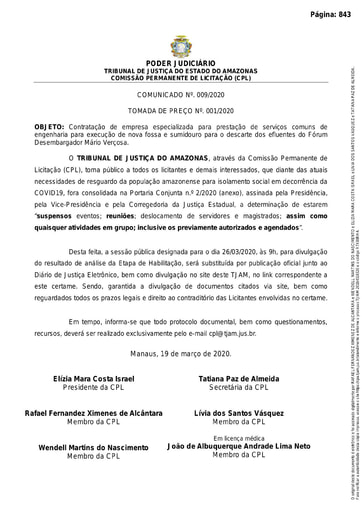 TOMADA DE PREÇOS Nº 001/2020 - COMUNICADO Nº 009/2020