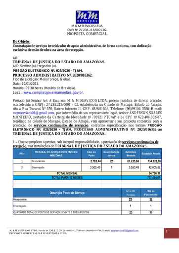 PREGÃO ELETRÔNICO Nº 028/2020 - PROPOSTA RETIFICADA - M & M SERVIÇOS