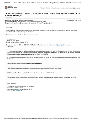 PREGÃO ELETRÔNICO Nº 002/20201 – DILIGÊNCIA CPL À DIVISÃO DE PATRIMÔNIO E MATERIAL - DOCUMENTAÇÃO - ITEM 7 - MASSAR PROTEÇÃO