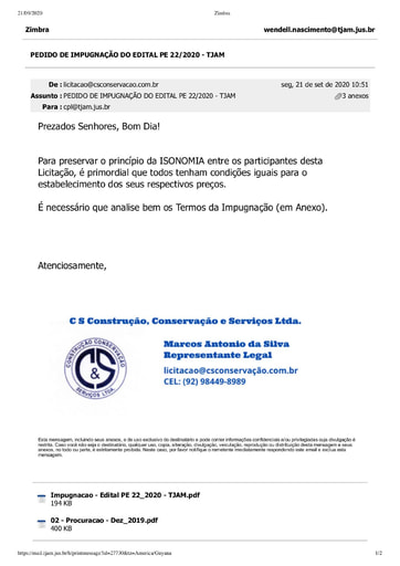 PREGÃO ELETRÔNICO Nº 022/2020 - PEDIDO DE IMPUGNAÇÃO - C S CONSTRUÇÃO