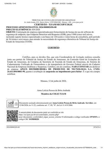 PREGÃO ELETRÔNICO Nº 039/2026 - CERTIDÃO NADA CONSTA - APLEX DISTRIBUIDORA DE PRODUTOS DE TECNOLOGIA S.A