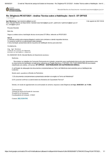 PREGÃO ELETRÔNICO Nº 037/2021 – DILIGÊNCIA CPL À DIVISÃO DE PATRIMÔNIO - HABILITAÇÃO - ITEM 8 - DT OFFICE