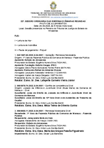 22ª Sessão ordinária de julgamento das E. Câmaras Reunidas - 25.06.2025, às 9 Horas (hora local)