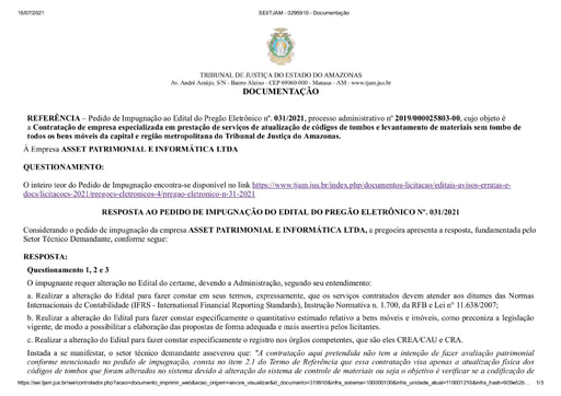 PREGÃO ELETRÔNICO Nº 031/2021 - RESPOSTA AO PEDIDO DE IMPUGNAÇÃO - ASSET PATRIMONIAL