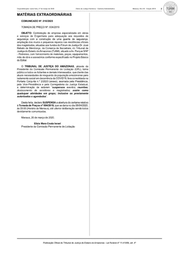 TOMADA DE PREÇO Nº. 004/2019 - COMUNICADO Nº 010/2020 (DJE)