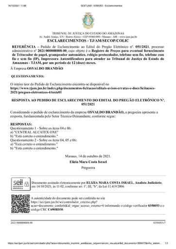 PREGÃO ELETRÔNICO Nº 51/2021 - RESPOSTA AO PEDIDO DE ESCLARECIMENTOS - OSVALDO BRANDÃO
