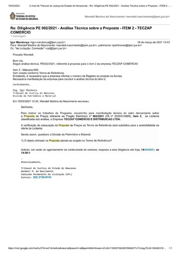 PREGÃO ELETRÔNICO Nº 002/2021 – DILIGÊNCIA CPL À DIVISÃO DE PATRIMÔNIO E MATERIAL - PROPOSTA - ITEM 2 - TECZAP COMERCIO