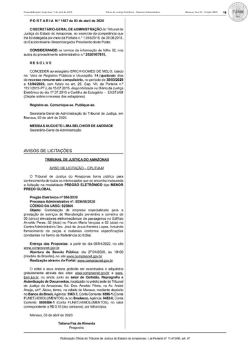 PREGÃO ELETRÔNICO Nº 004/2020 – AVISO DE LICITAÇÃO (DJE)
