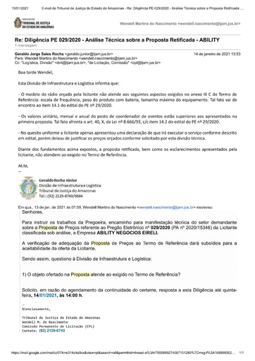 PREGÃO ELETRÔNICO Nº 029/2020 - DILIGÊNCIA CPL À DIVISÃO DE INFRAESTRUTURA E LOGÍSTICA - PROPOSTA RETIFICADA - ABILITY
