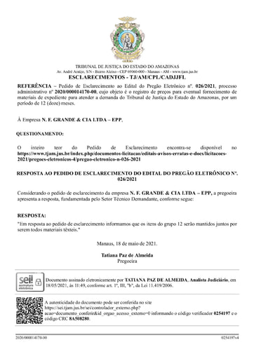 PREGÃO ELETRÔNICO Nº 026/2021 - RESPOSTA AO PEDIDO DE ESCLARECIMENTO - N F GRANDE