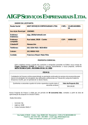 PREGÃO ELETRÔNICO Nº 022/2020 - PROPOSTA RETIFICADA 2 - AIGP