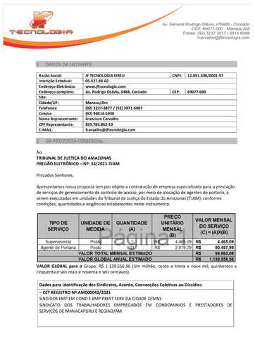 PREGÃO ELETRÔNICO Nº 034/2021 – PROPOSTA  - JF TECNOLOGIA