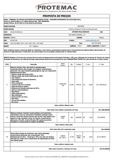 PREGÃO ELETRÔNICO Nº 002/2021 – PROPOSTA - ITEM 2 - PROTEMAC