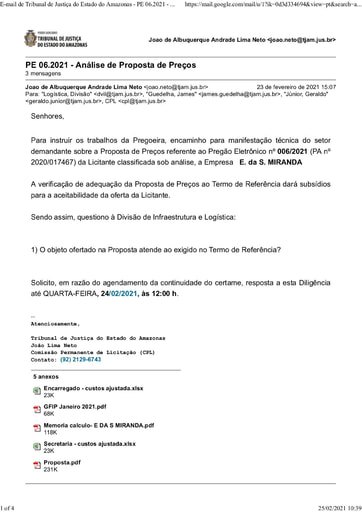 PREGÃO ELETRÔNICO Nº 006/2021 - DILIGÊNCIA CPL À DIVISÃO DE INFRAESTRUTURA E LOGÍSTICA - PROPOSTA - E. DA S. MIRANDA