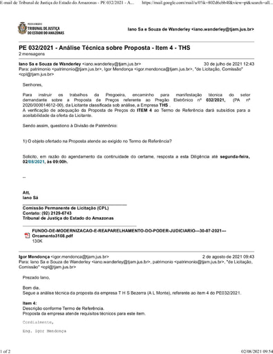 PREGÃO ELETRÔNICO Nº 032/2021 - DILIGÊNCIA CPL À DIVISÃO DE PATRIMÔNIO - PROPOSTA ITENS 4,6,14 e 15 - THS