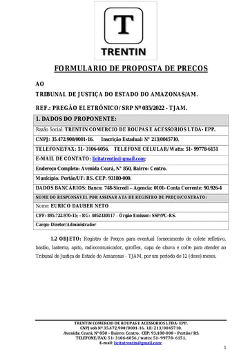 PREGÃO ELETRÔNICO Nº 035/2022 - PROPOSTA - ITEM 9 - TRENTIN