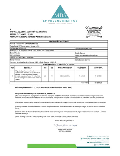 PREGÃO ELETRÔNICO Nº 037/2021 – DILIGÊNCIA CPL À DIVISÃO DE PATRIMÔNIO - PROPOSTA - ITEM 2 - M R CONSERVAÇÃO