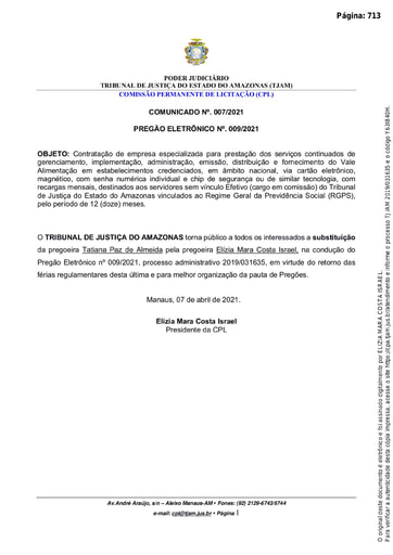 PREGÃO ELETRÔNICO Nº 009/2021 - COMUNICADO Nº 007/2021 - SUBSTITUIÇÃO DE PREGOEIRA